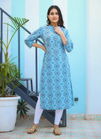 Kaajh Woman's Sky Blue Ethnic Print Casual Kurta | Grocsy