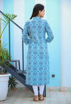 Kaajh Woman's Sky Blue Ethnic Print Casual Kurta | Grocsy