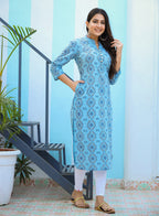Kaajh Woman's Sky Blue Ethnic Print Casual Kurta | Grocsy