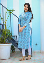 Kaajh Woman's Sky Blue Ethnic Print Casual Kurta | Grocsy