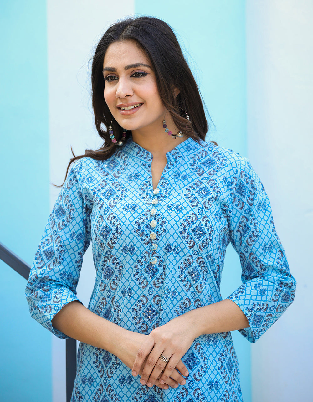 Kaajh Woman's Sky Blue Ethnic Print Casual Kurta | Grocsy