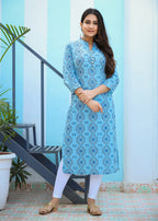 Kaajh Woman's Sky Blue Ethnic Print Casual Kurta | Grocsy