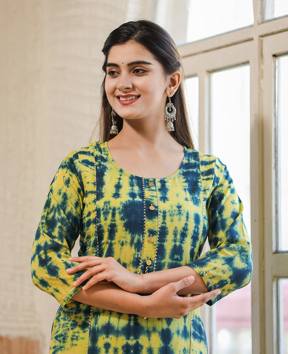 Kaajh Women's Green Shibori Tie Dye Cotton Casual Kurta | Grocsy