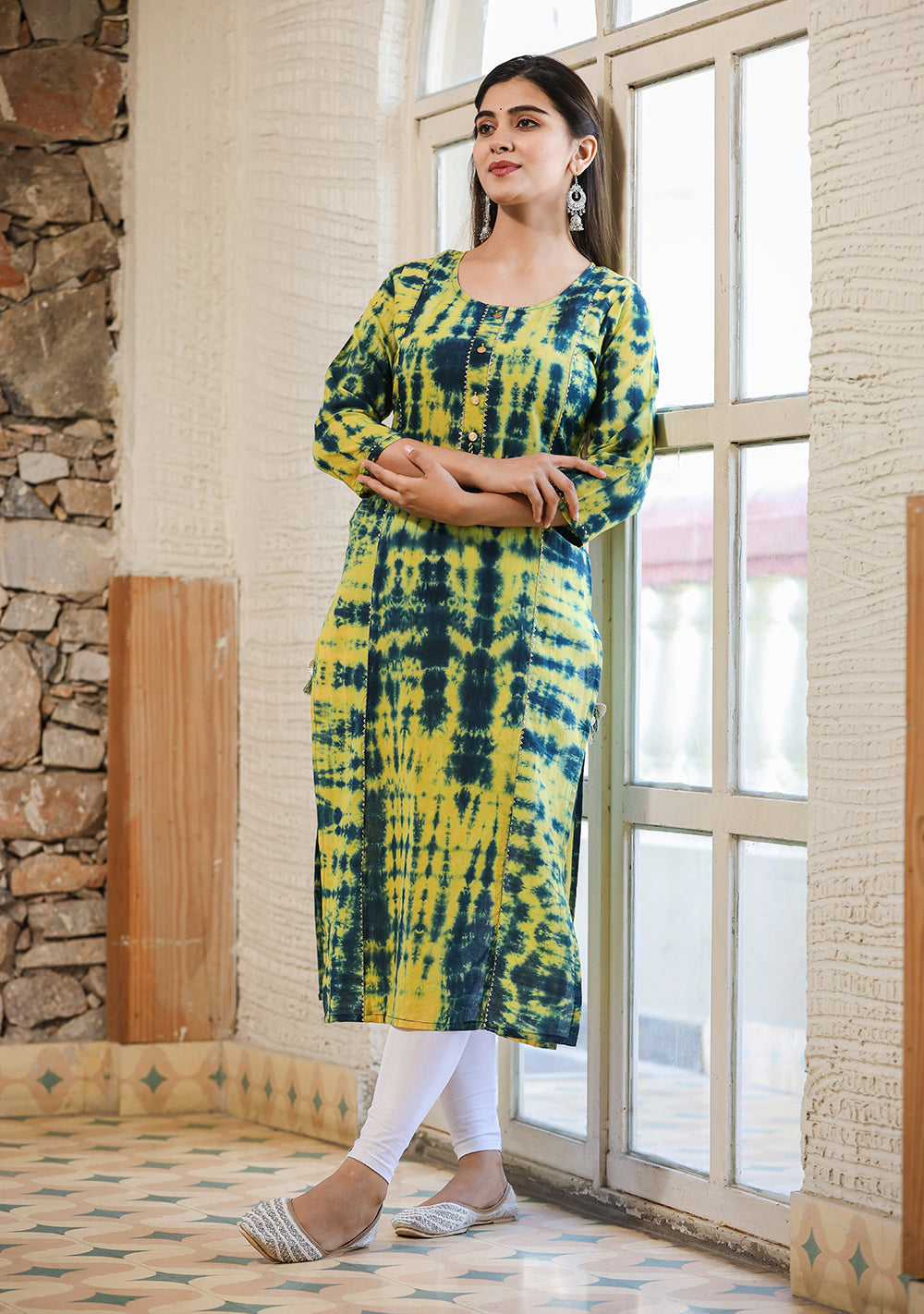 Kaajh Women's Green Shibori Tie Dye Cotton Casual Kurta | Grocsy