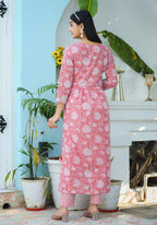 Kaajh Woman's Pink Floral Print Cotton Kurta Pant With Dupatta Set | Grocsy