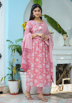 Kaajh Woman's Pink Floral Print Cotton Kurta Pant With Dupatta Set | Grocsy