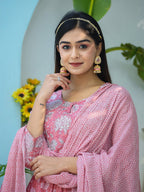 Kaajh Woman's Pink Floral Print Cotton Kurta Pant With Dupatta Set | Grocsy