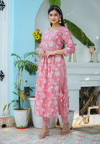 Kaajh Woman's Pink Floral Print Cotton Kurta Pant With Dupatta Set | Grocsy