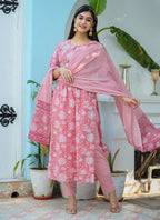 Kaajh Woman's Pink Floral Print Cotton Kurta Pant With Dupatta Set | Grocsy