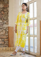 Kaajh Women's Yellow Shibori Tie Dye Cotton Casual Kurta | Grocsy
