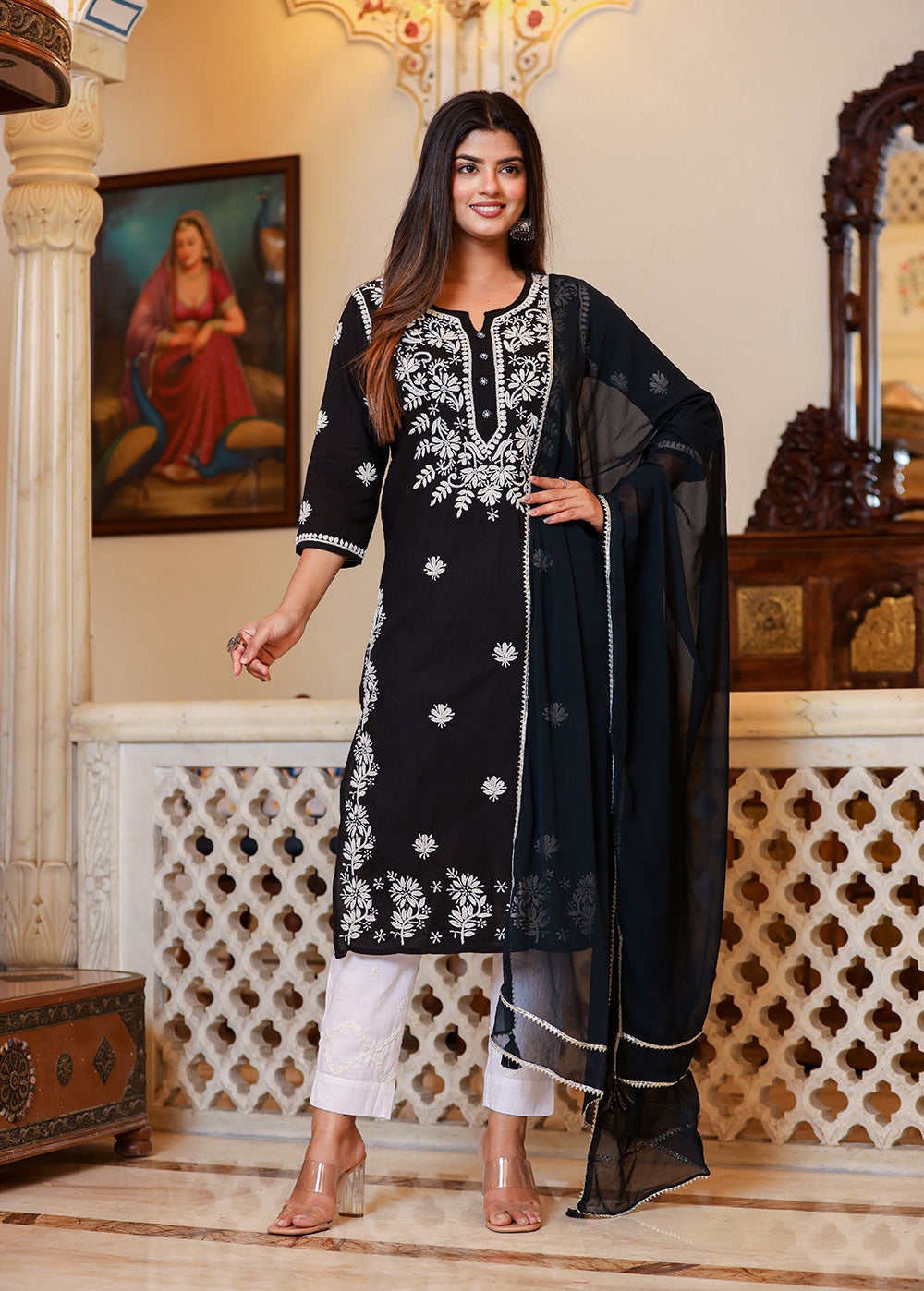 Kaajh Women's Black Lucknow Chikankari Kurta Set With Pant and Dupatta | Grocsy