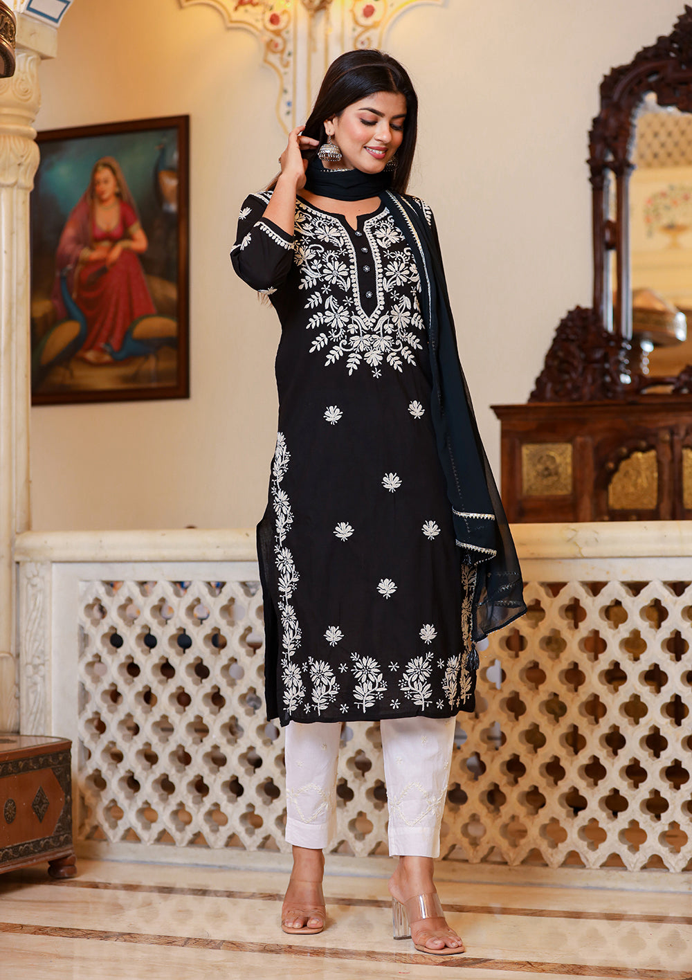 Kaajh Women's Black Lucknow Chikankari Kurta Set With Pant and Dupatta | Grocsy
