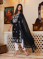 Kaajh Women's Black Lucknow Chikankari Kurta Set With Pant and Dupatta | Grocsy