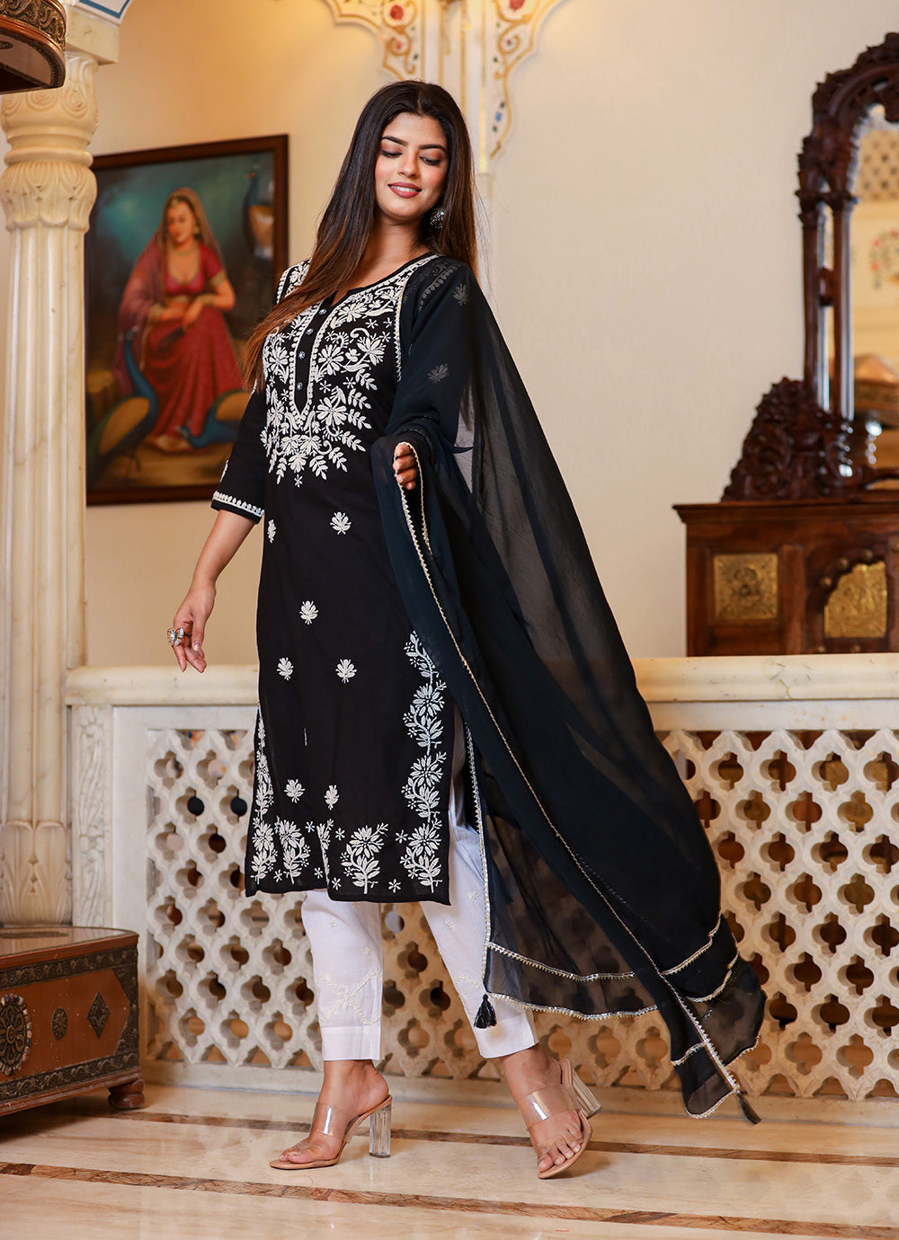Kaajh Women's Black Lucknow Chikankari Kurta Set With Pant and Dupatta | Grocsy