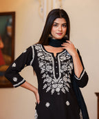 Kaajh Women's Black Lucknow Chikankari Kurta Set With Pant and Dupatta | Grocsy
