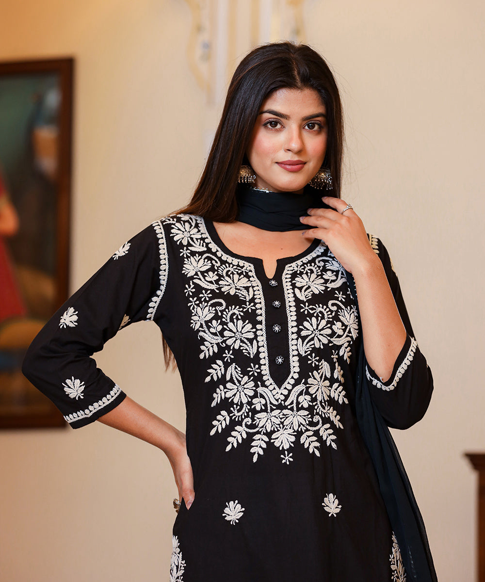 Kaajh Women's Black Lucknow Chikankari Kurta Set With Pant and Dupatta | Grocsy