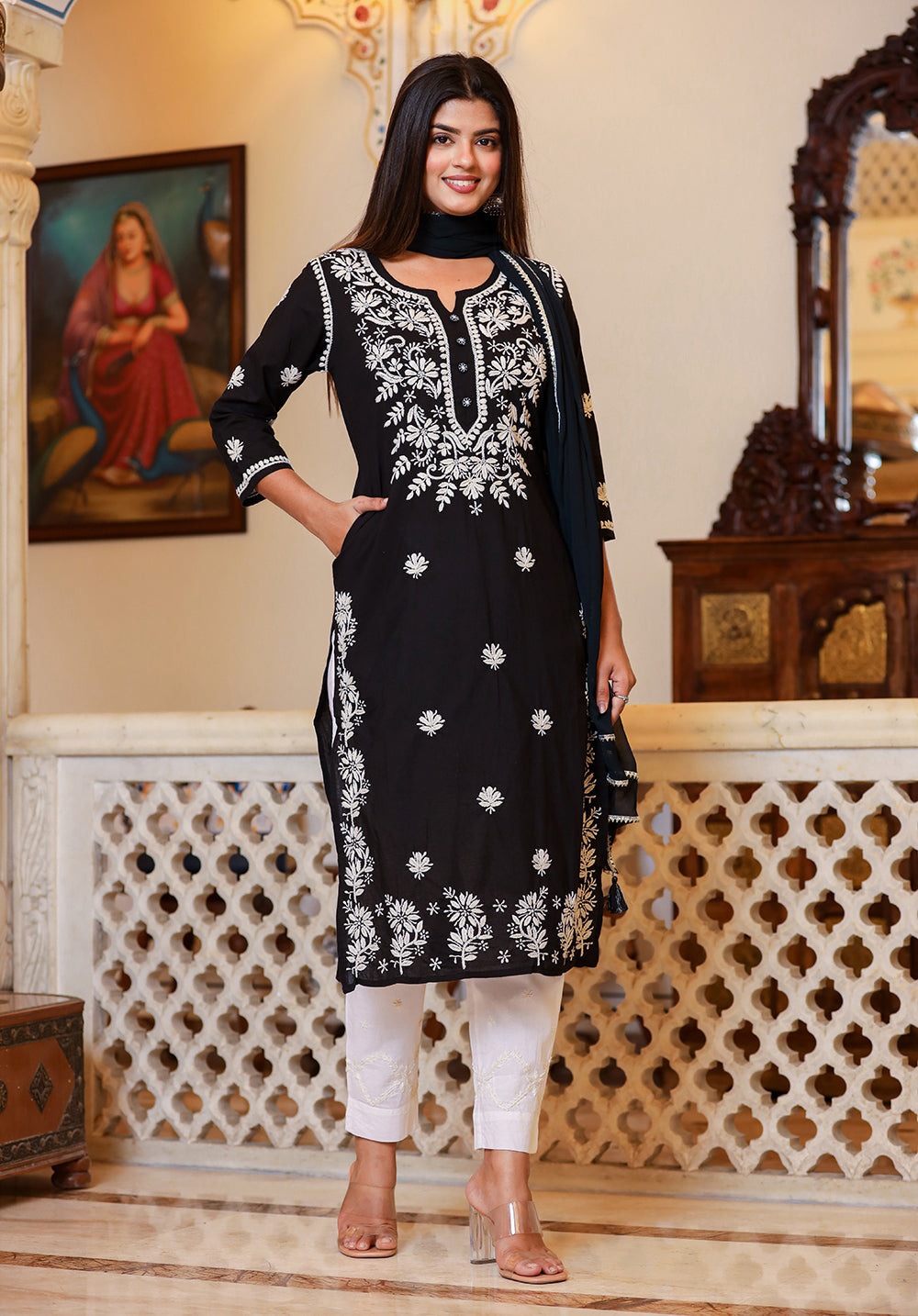 Kaajh Women's Black Lucknow Chikankari Kurta Set With Pant and Dupatta | Grocsy