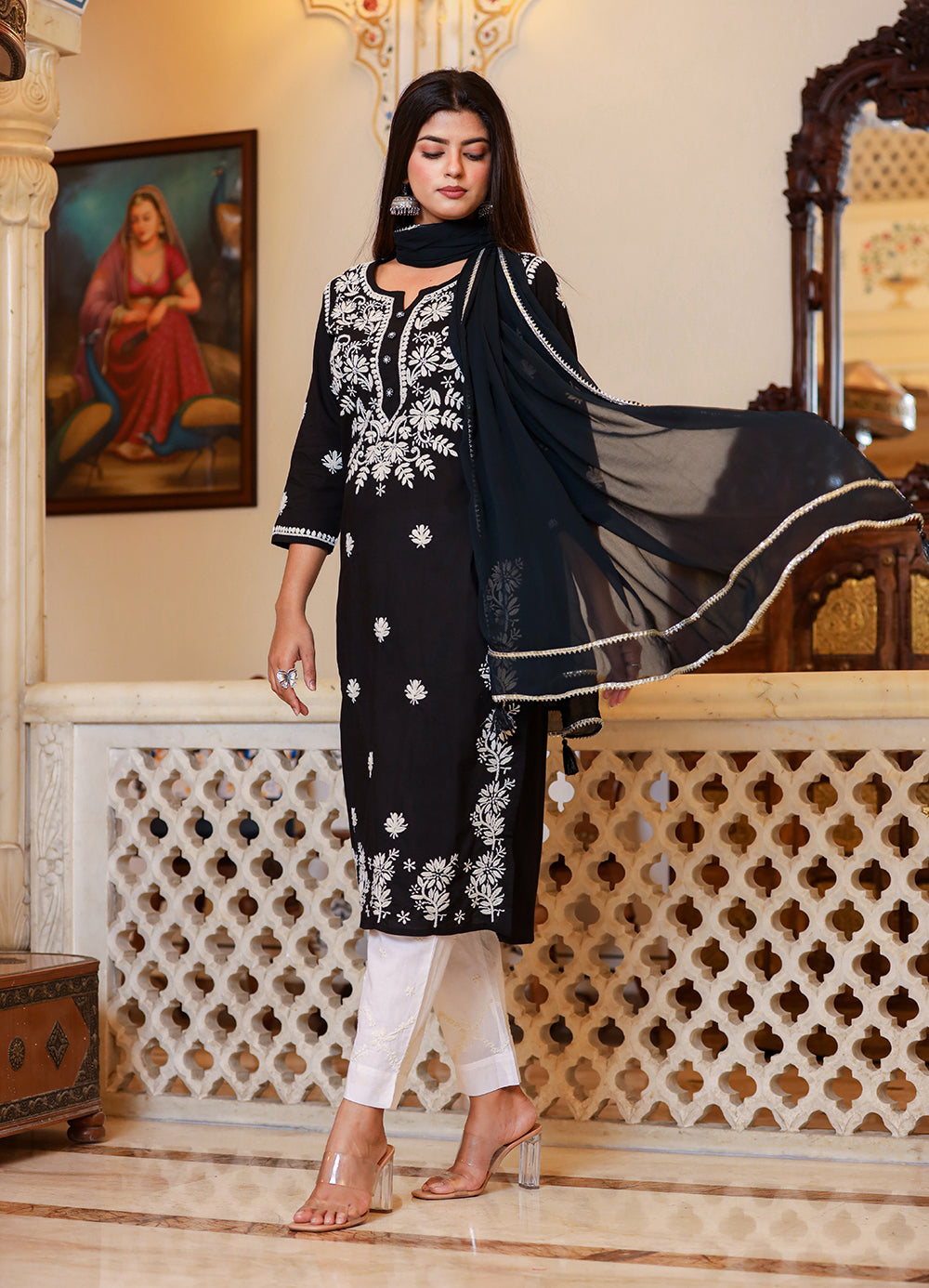 Kaajh Women's Black Lucknow Chikankari Kurta Set With Pant and Dupatta | Grocsy