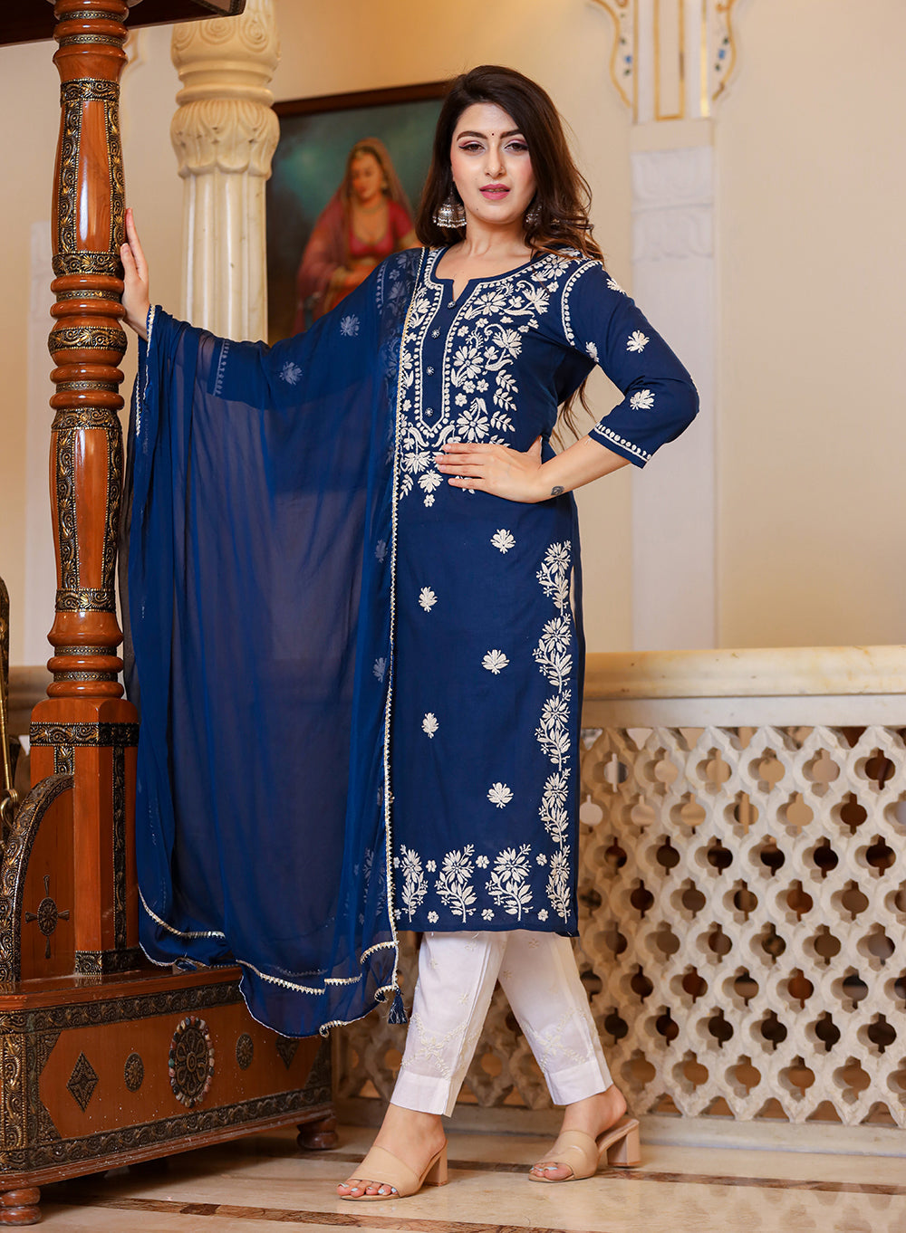 Kaajh Women's Navy Blue Lucknow Chikankari Kurta Set With Pant and Dupatta | Grocsy