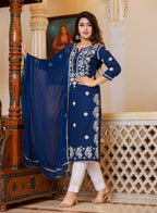 Kaajh Women's Navy Blue Lucknow Chikankari Kurta Set With Pant and Dupatta | Grocsy