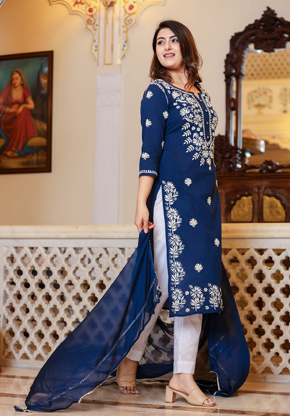 Kaajh Women's Navy Blue Lucknow Chikankari Kurta Set With Pant and Dupatta | Grocsy