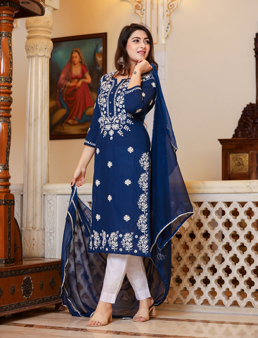 Kaajh Women's Navy Blue Lucknow Chikankari Kurta Set With Pant and Dupatta | Grocsy