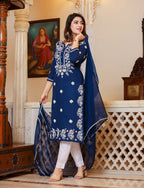 Kaajh Women's Navy Blue Lucknow Chikankari Kurta Set With Pant and Dupatta | Grocsy