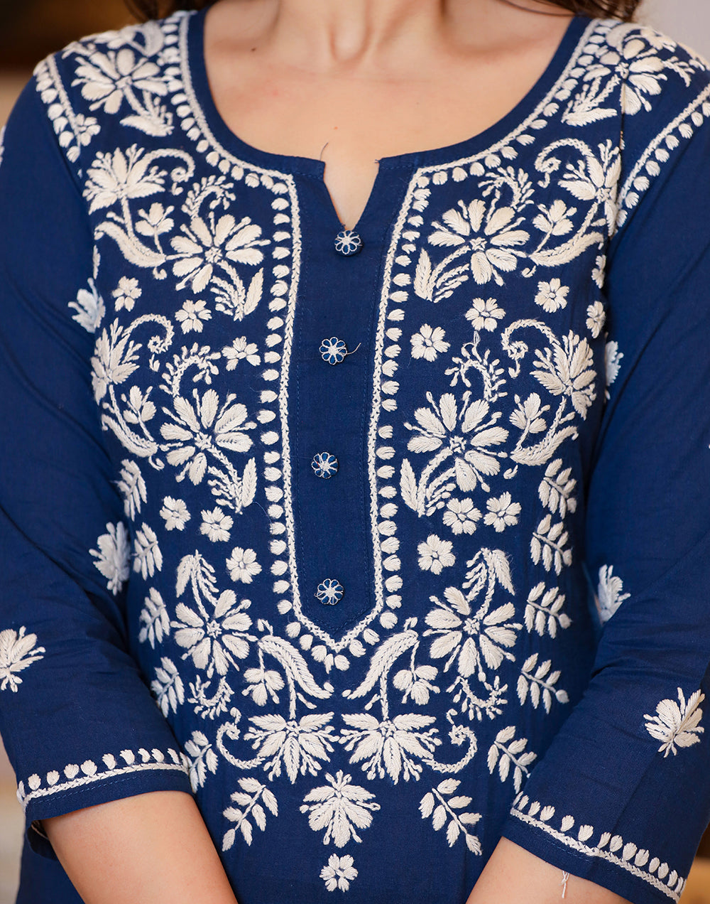 Kaajh Women's Navy Blue Lucknow Chikankari Kurta Set With Pant and Dupatta | Grocsy