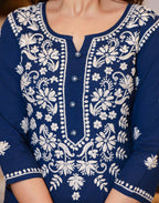 Kaajh Women's Navy Blue Lucknow Chikankari Kurta Set With Pant and Dupatta | Grocsy