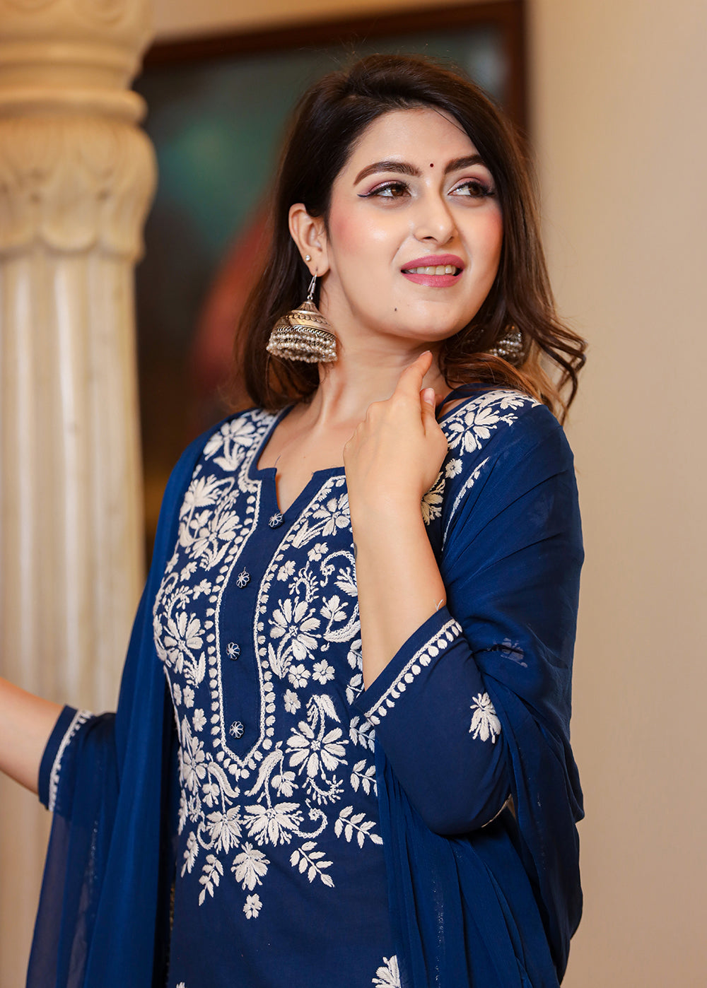 Kaajh Women's Navy Blue Lucknow Chikankari Kurta Set With Pant and Dupatta | Grocsy