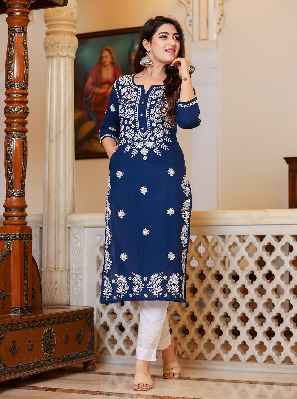 Kaajh Women's Navy Blue Lucknow Chikankari Kurta Set With Pant and Dupatta | Grocsy