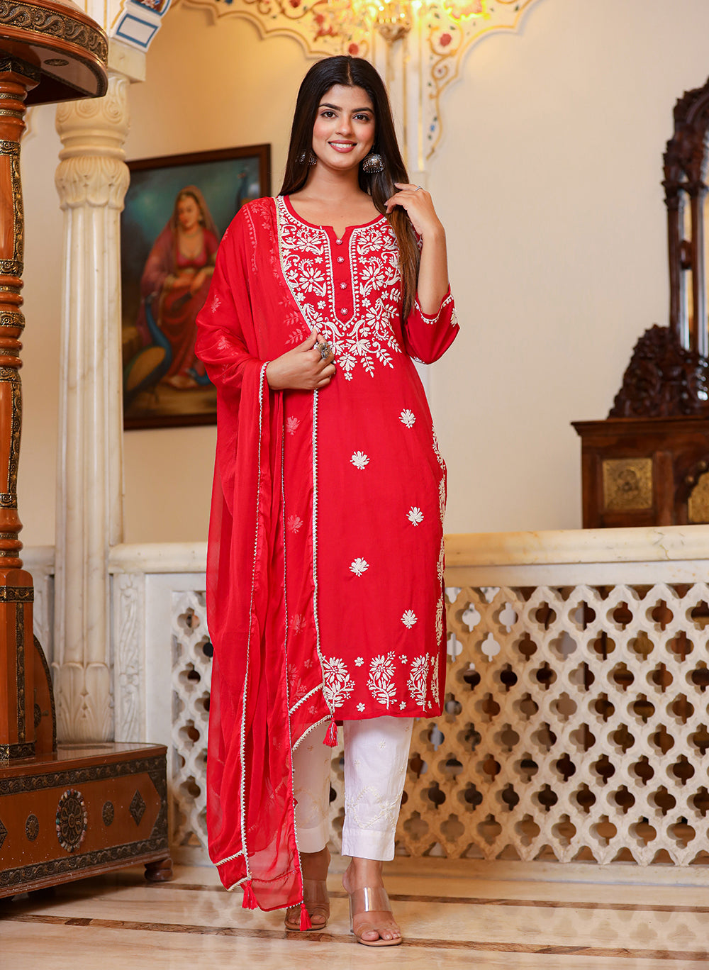 Kaajh Women's Red Lucknow Chikankari Kurta Set With Pant and Dupatta | Grocsy