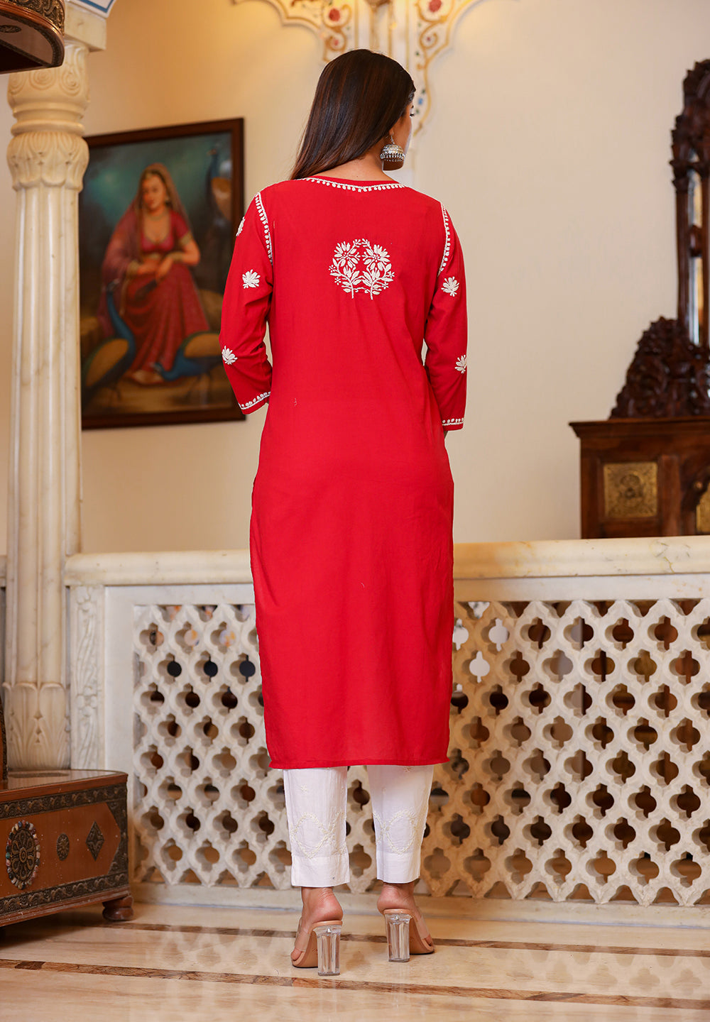Kaajh Women's Red Lucknow Chikankari Kurta Set With Pant and Dupatta | Grocsy