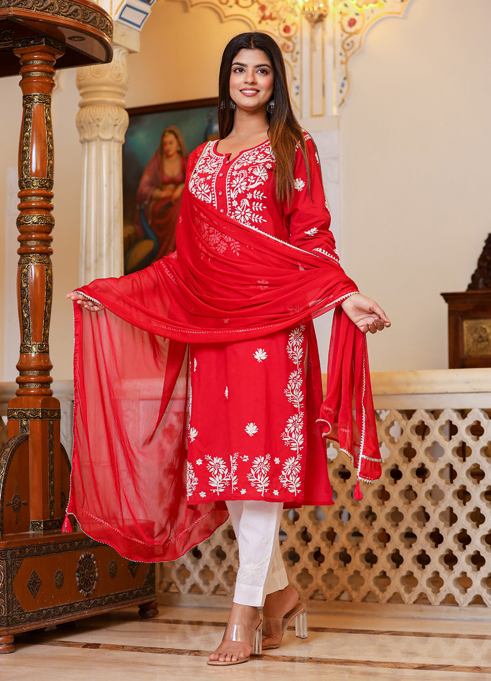 Kaajh Women's Red Lucknow Chikankari Kurta Set With Pant and Dupatta | Grocsy