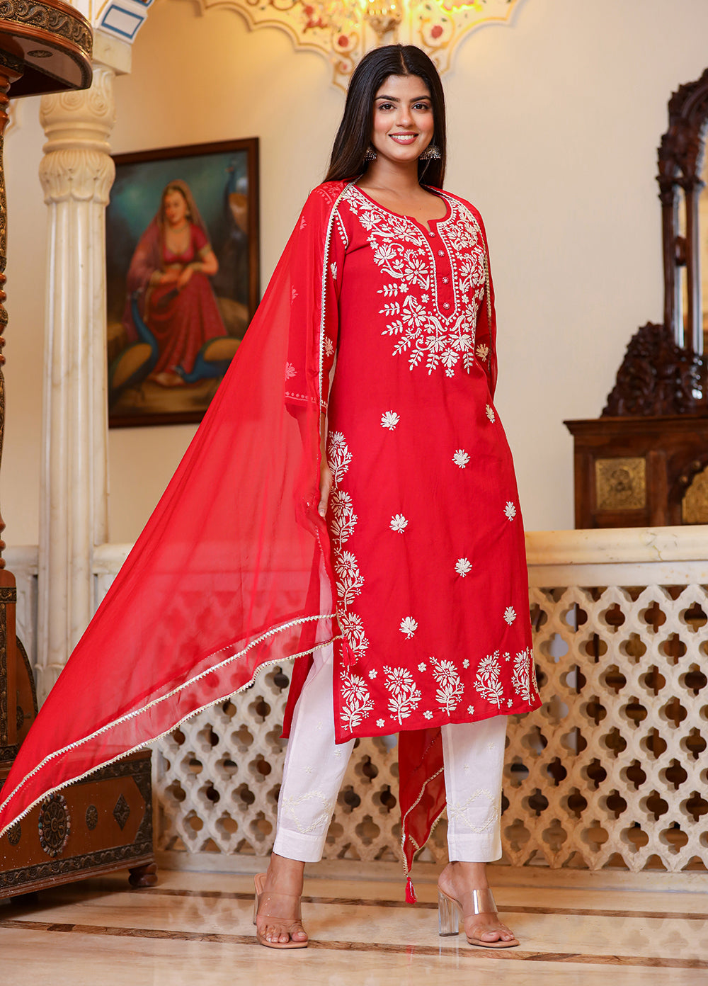 Kaajh Women's Red Lucknow Chikankari Kurta Set With Pant and Dupatta | Grocsy