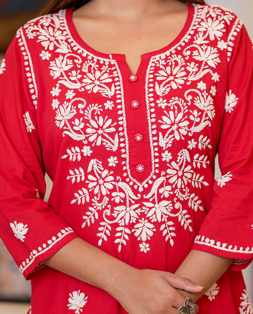 Kaajh Women's Red Lucknow Chikankari Kurta Set With Pant and Dupatta | Grocsy