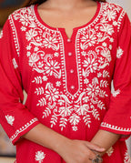 Kaajh Women's Red Lucknow Chikankari Kurta Set With Pant and Dupatta | Grocsy
