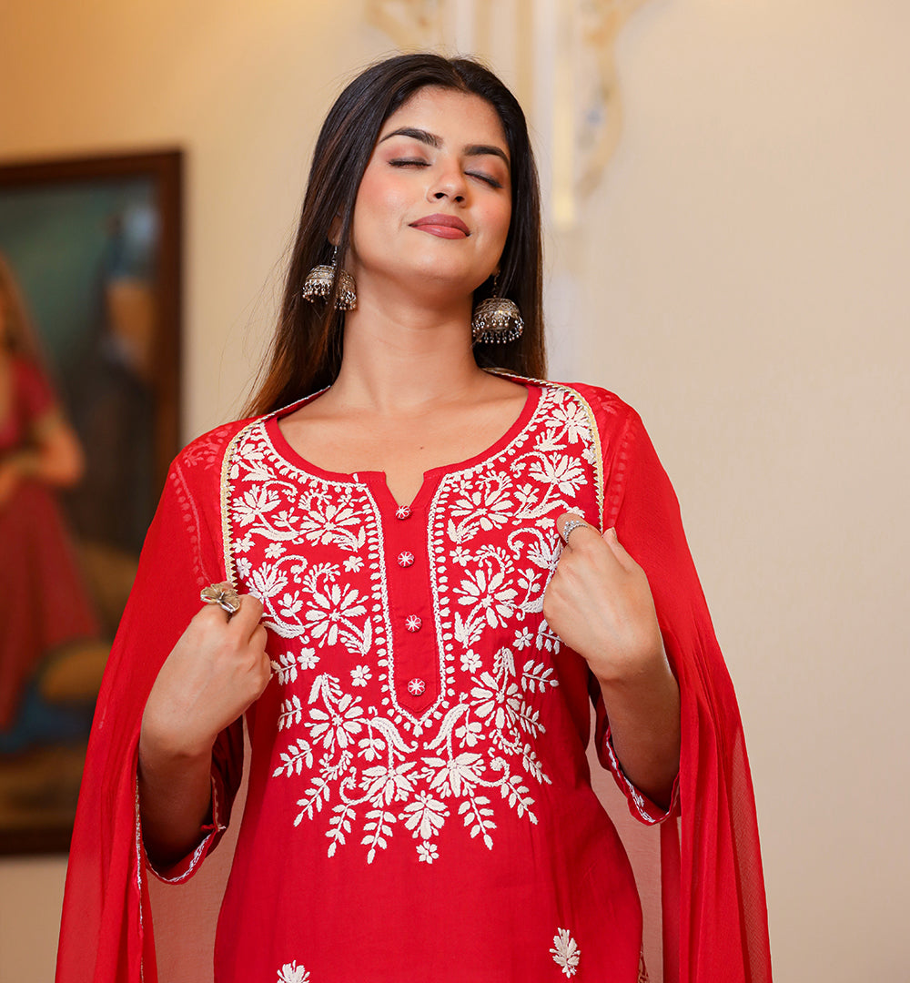 Kaajh Women's Red Lucknow Chikankari Kurta Set With Pant and Dupatta | Grocsy