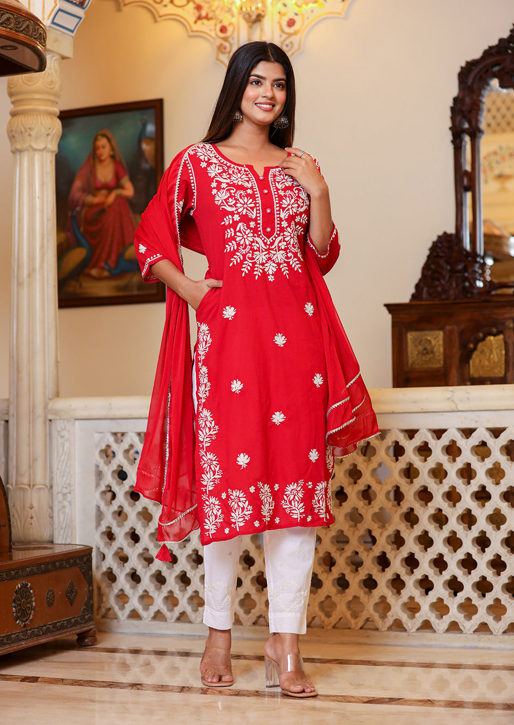 Kaajh Women's Red Lucknow Chikankari Kurta Set With Pant and Dupatta | Grocsy