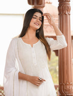 Kaajh Women's Off White Lucknow Chikankari Cotton Kurta Set With Dupatta | Grocsy