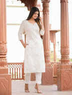 Kaajh Women's Off White Lucknow Chikankari Cotton Kurta Set With Dupatta | Grocsy