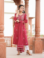 Kaajh Women's Wine Red Lucknow Chikankari Cotton Kurta Set With Dupatta | Grocsy