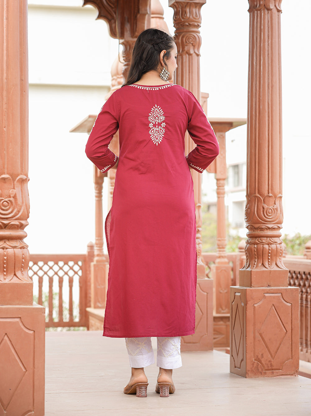 Kaajh Women's Wine Red Lucknow Chikankari Cotton Kurta Set With Dupatta | Grocsy