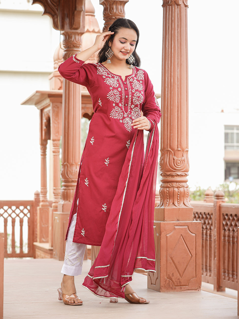 Kaajh Women's Wine Red Lucknow Chikankari Cotton Kurta Set With Dupatta | Grocsy