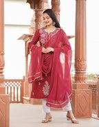 Kaajh Women's Wine Red Lucknow Chikankari Cotton Kurta Set With Dupatta | Grocsy