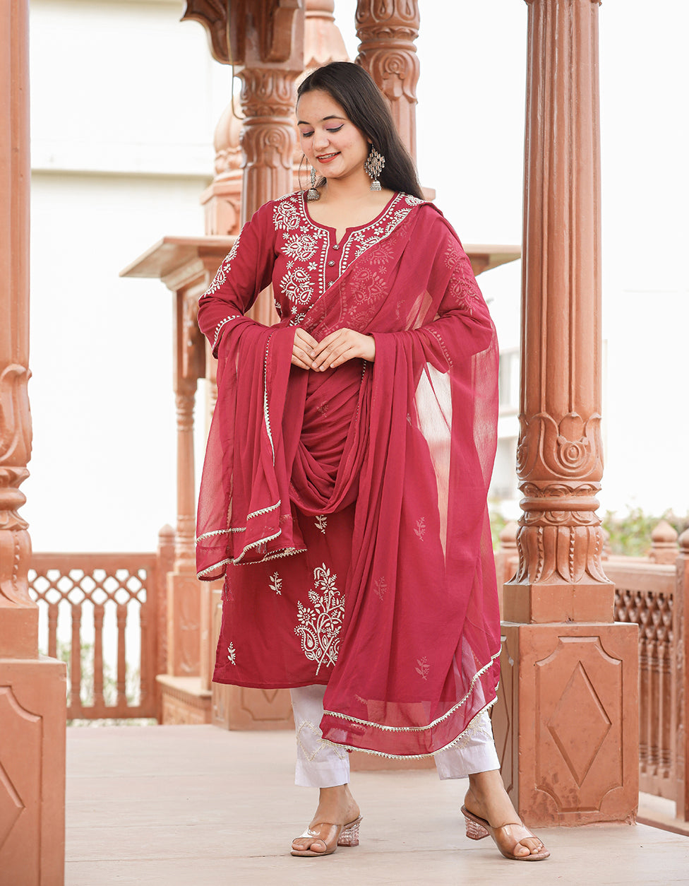 Kaajh Women's Wine Red Lucknow Chikankari Cotton Kurta Set With Dupatta | Grocsy