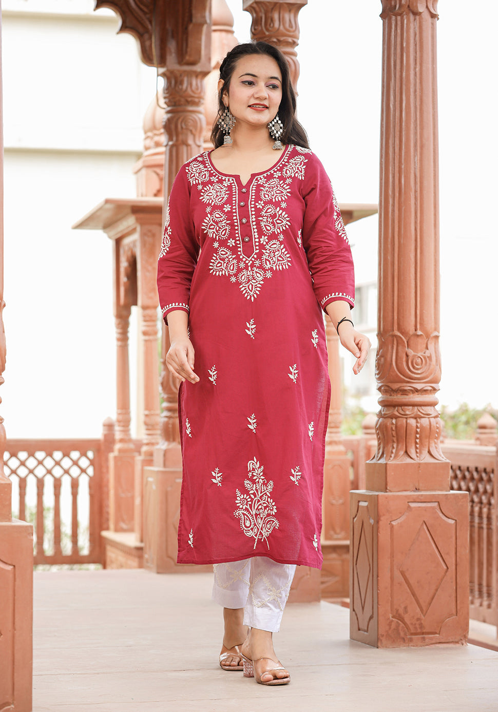 Kaajh Women's Wine Red Lucknow Chikankari Cotton Kurta Set With Dupatta | Grocsy