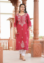 Kaajh Women's Wine Red Lucknow Chikankari Cotton Kurta Set With Dupatta | Grocsy