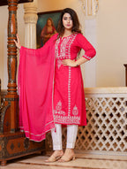 Kaajh Women's Pink Hand Embroidered Lucknow Chikankari Kurta Set With Dupatta | Grocsy