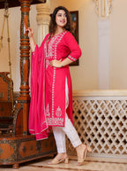Kaajh Women's Pink Hand Embroidered Lucknow Chikankari Kurta Set With Dupatta | Grocsy